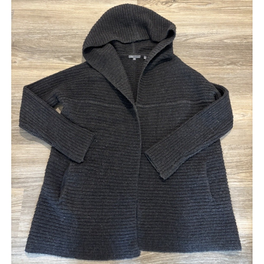 Vince Merino Wool Alpaca Sweater Coat Open Front Hooded Charcoal Gray Medium